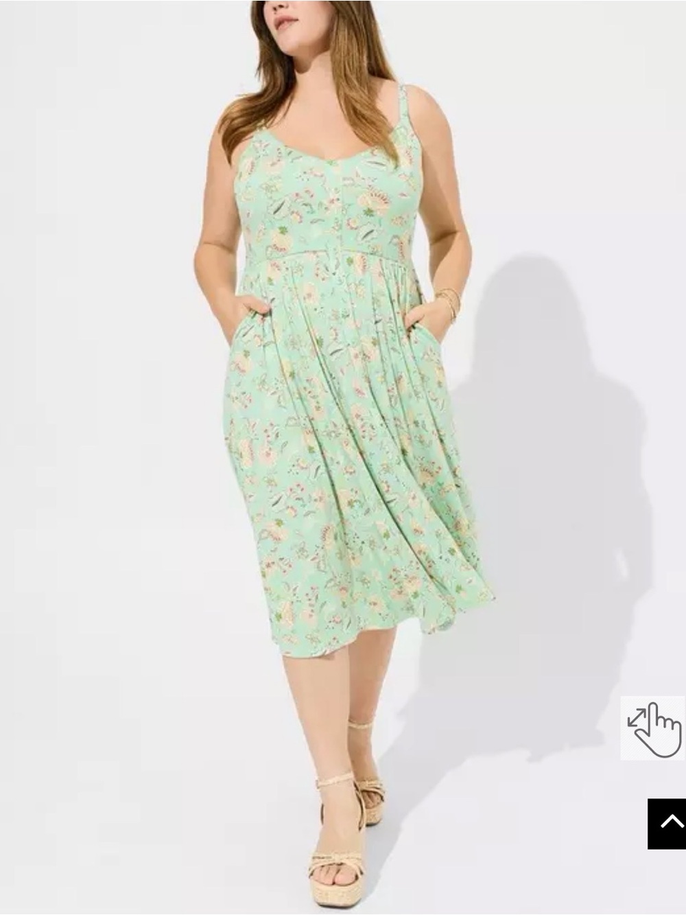 Torrid Super Soft Green Floral Midi Dress Size 2X Plus Pockets Faux Button Front
